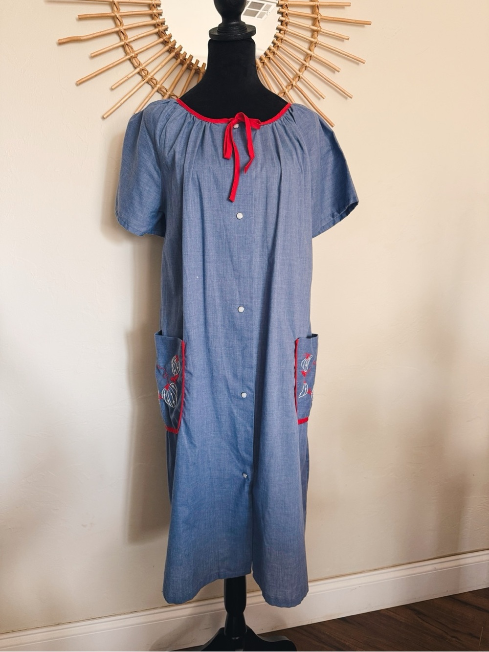 Blue Chambray Button Front House Dress with Red Trim